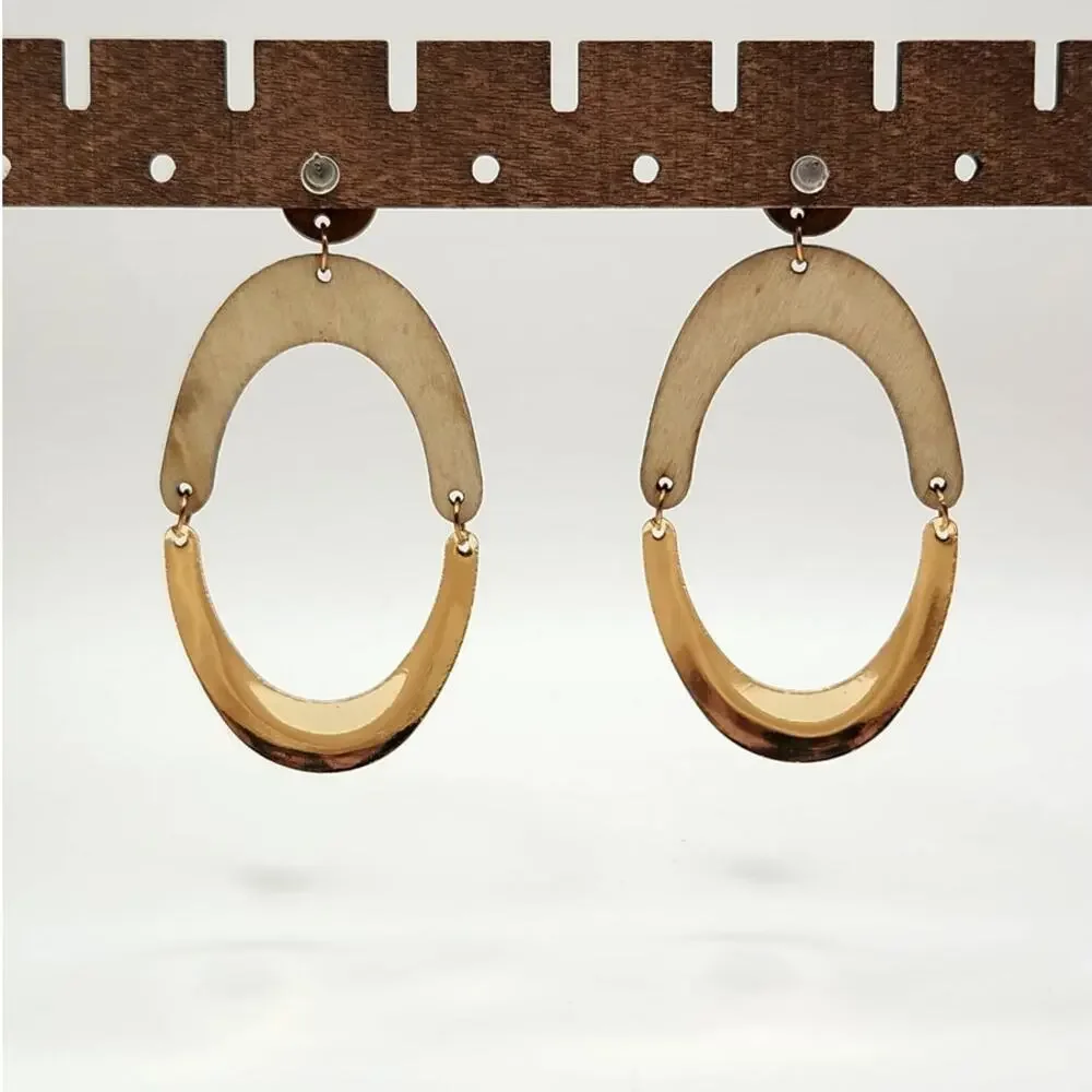 Boho Oval Geometric Wood and Gold Tone Metal Mixed Media Dangle Earrings